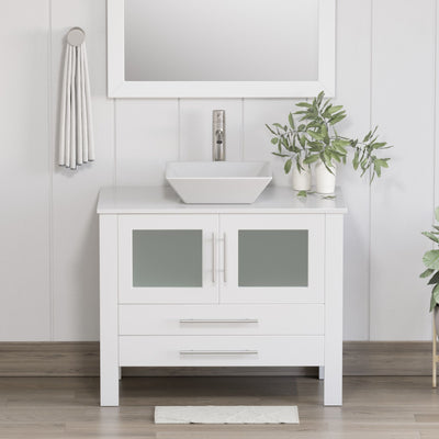 Cambridge Plumbing 36 Inch White Wood With Porcelain Vessel Sink Vanity Set – 8111W-BN 