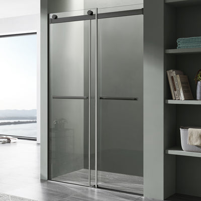 Anzzi Kahn Series 60 in x 76 in Frameless Sliding Shower Door with Horizontal Handle in Matte Black – SD-FRLS05802MB