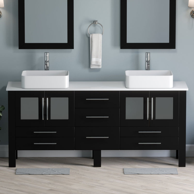 Cambridge Plumbing 71 Inch Espresso Wood With Double Porcelain Vessel Sink Vanity Set – 8119XL