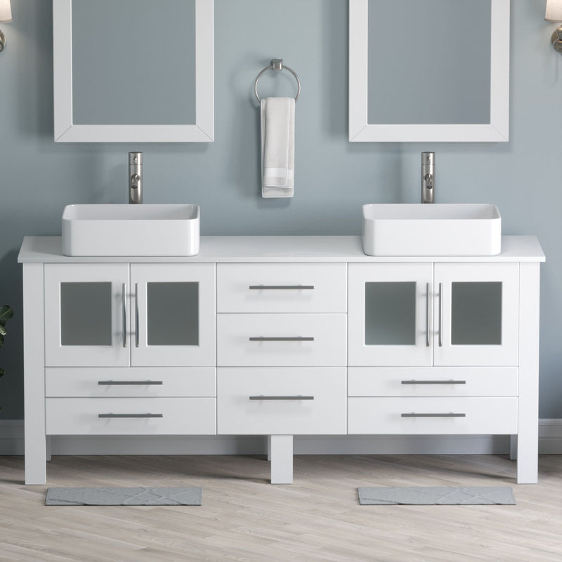 Cambridge Plumbing 71 Inch White Wood With Double Porcelain Vessel Sink Vanity Set – 8119XLW-BN