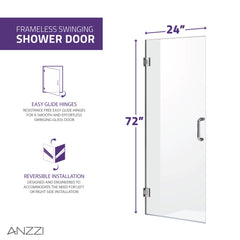 Anzzi Fellow Series 24 in by 72 in Frameless Hinged Shower Door in Chrome with Handle – SD-AZ09-01CH