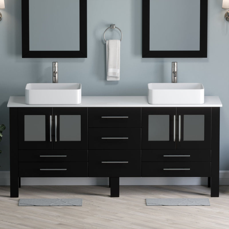Cambridge Plumbing 71 Inch Espresso Wood With Double Porcelain Vessel Sink Vanity Set – 8119XL-BN